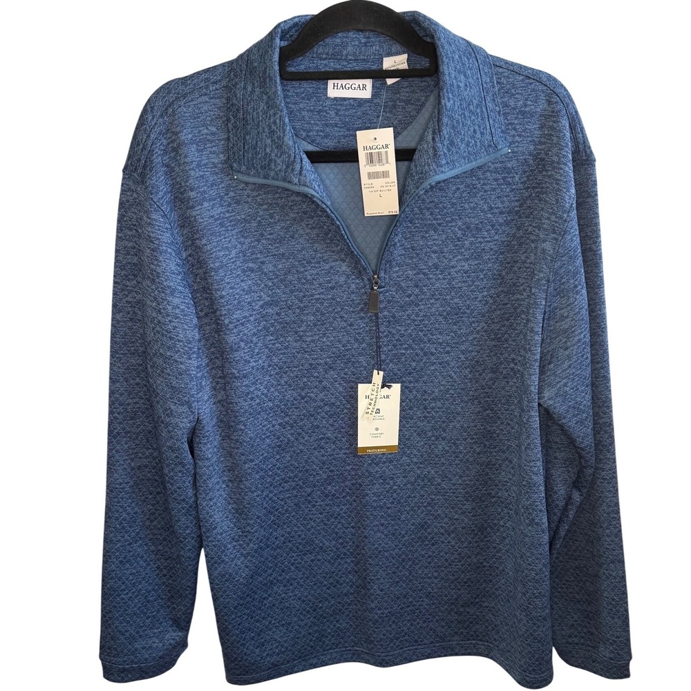 Haggar Blue Textured Quilted 1/4 Zip Pullover Sweater Stretch Men's‎ Large New